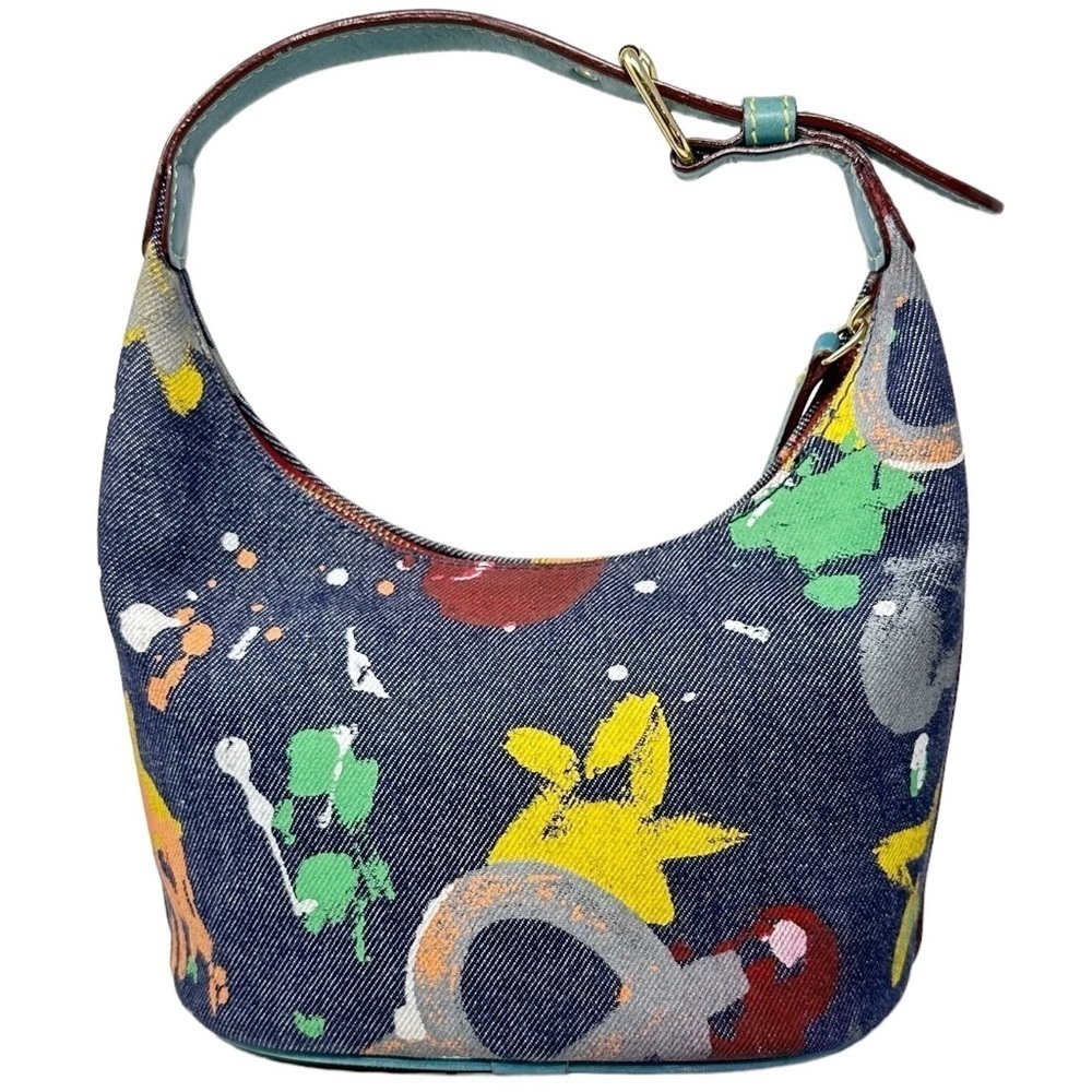 Vintage Dooney & Bourke Denim Painted Graffiti Bag with Leather Top Handle